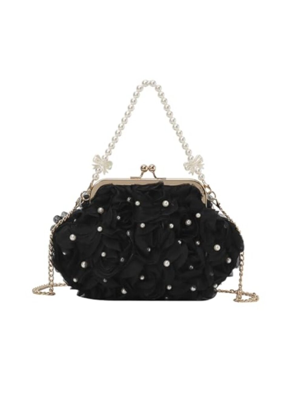 3D Rose Lace Evening Clutch with Pearl Chain & Metal Frame